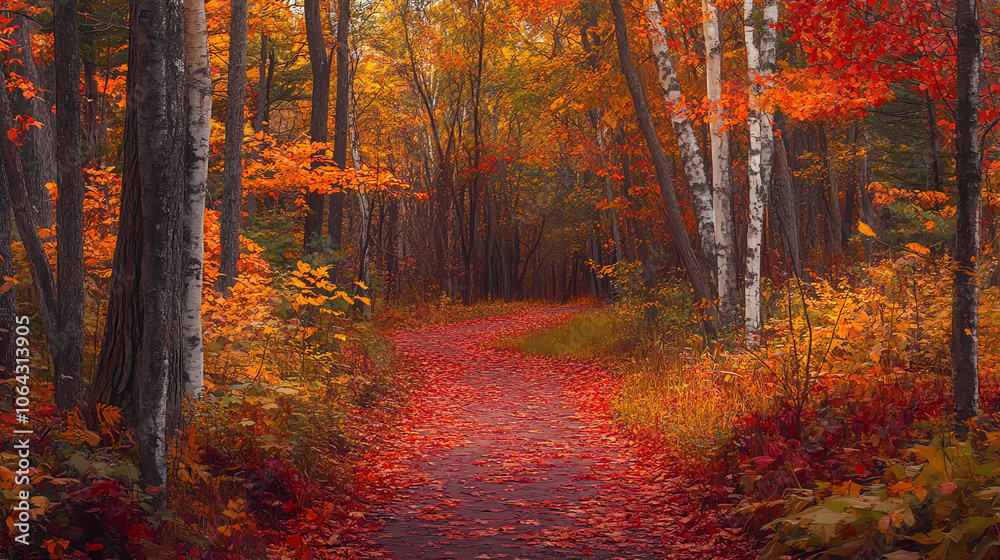 Fototapeta premium A vibrant autumn pathway lined with colorful foliage and trees, creating a serene natural setting.