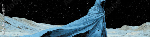 Mystical Figure in Blue Cloak Stands on Desolate Alien Planet Under Starry Night Sky Capturing Fantasy SciFi Art Epic Adventure Mysterious Cosmic Exploration