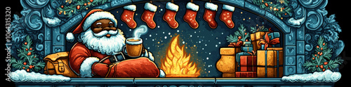 Santa Claus Relaxing by Festive Fireplace with Hot Cocoa Surrounded by Christmas Stockings and Gifts Santa Claus Enjoys Cozy Holiday Moments by Fire