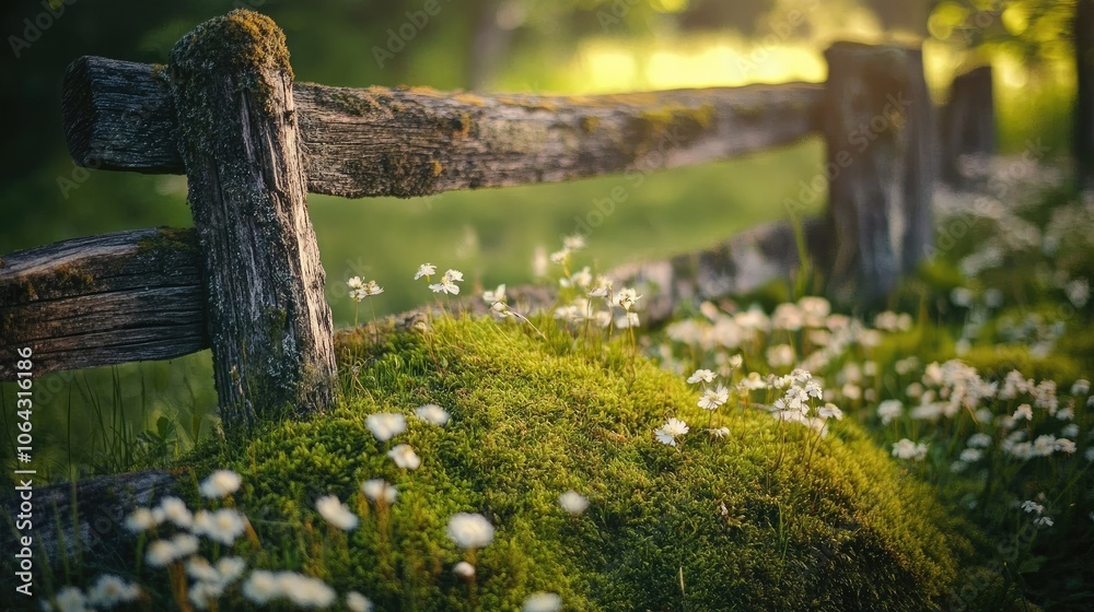 Serene Nature Scene with Wooden Fence and Wildflowers Serene Nature Scene with Wooden Fence and Wildflowers
