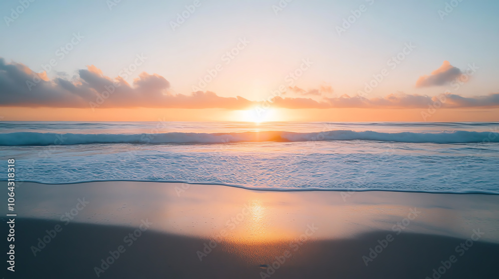 Naklejka premium Breathtaking sunset over tranquil ocean waves, highlighting serene beach vibes and vibrant sky colors.