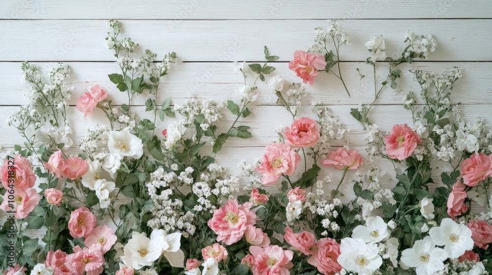 Floral Arrangement on White Wooden Background Floral Arrangement on White Wooden Background