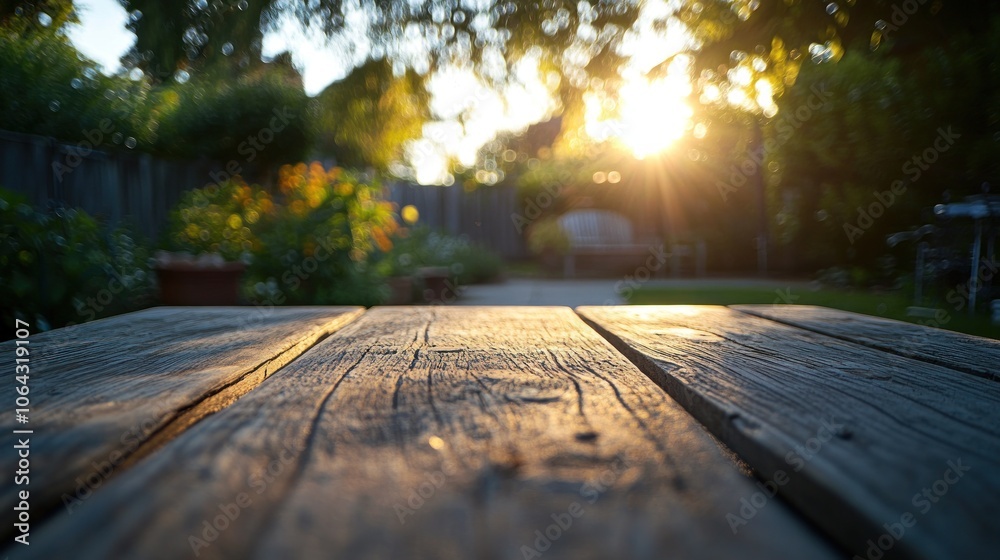 A wooden table in a garden with sunlight filtering through trees, creating a serene atmosphere.