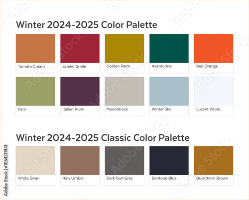 Autumn Winter 2024 - 2025 Color Palette with Rectangular Paint Chip Samples. Future Color Trend Forecast. Saturated and Classic Neutral Colors Set. Named Color Swatches Included in EPS File.