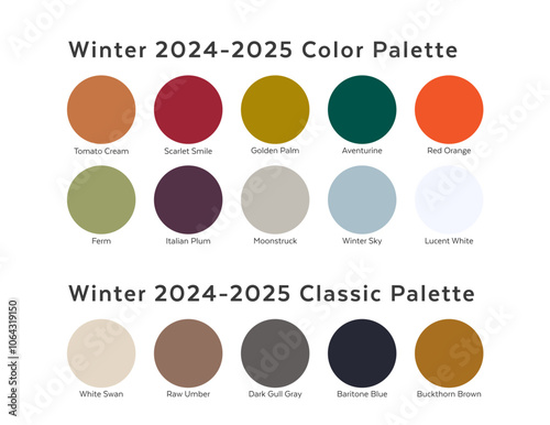 Autumn Winter 2024 - 2025 Color Palette with Round Paint Chip Samples. Future Color Trend Forecast. Saturated and Classic Neutral Colors Set. Named Color Swatches Included in EPS File.