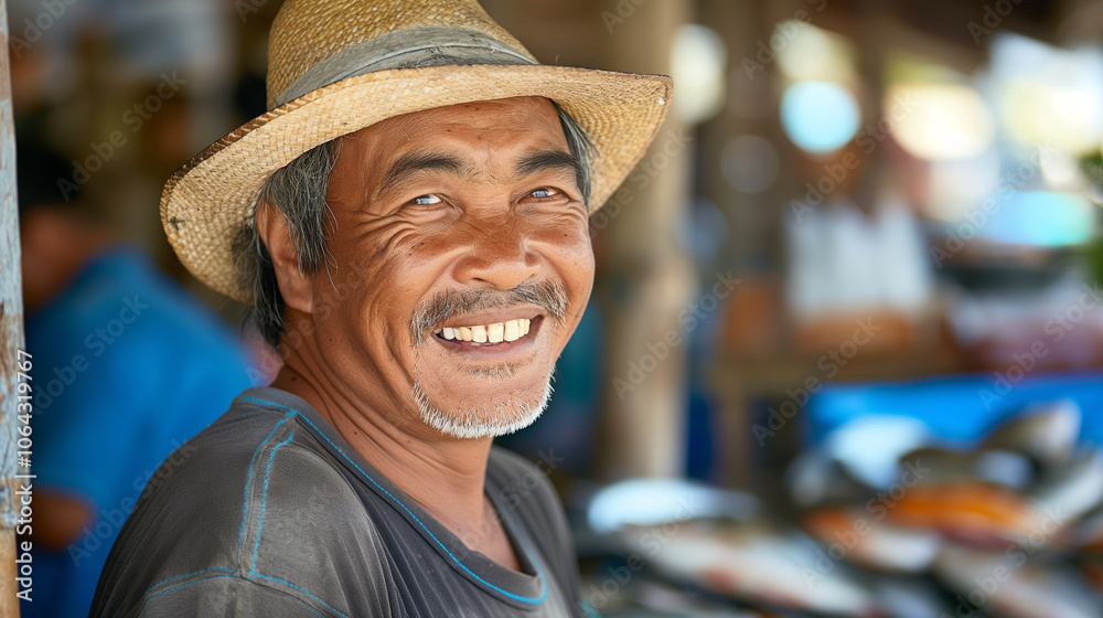 Smiling Thai man selling fish at a beachside market.