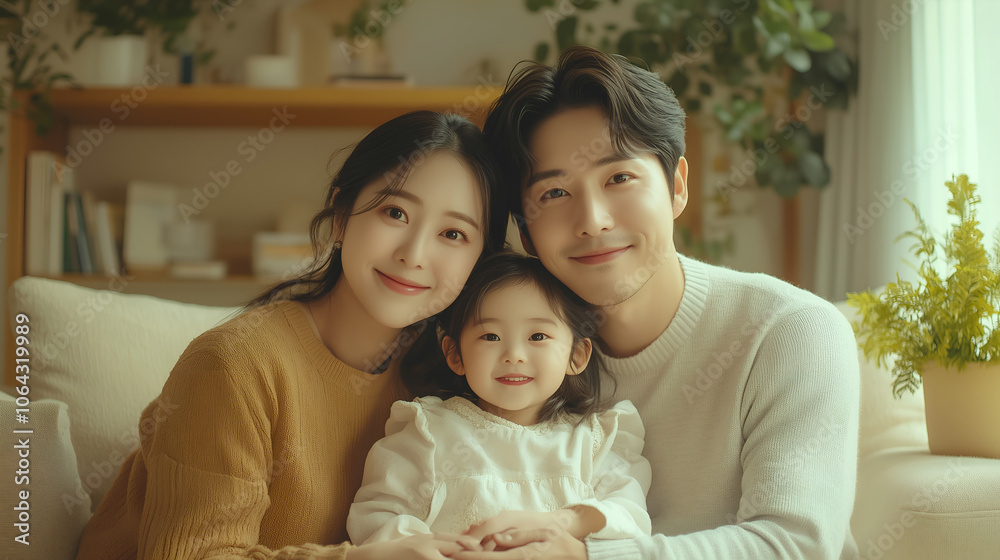 young Korean family of three  a father, mother, and daughter sitting on a sofa in a light-colored living room