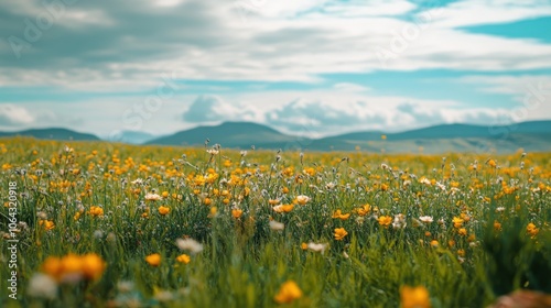 Wildflowers dance gracefully in a lush green meadow, kissed by sunlight. Majestic mountains loom in the backdrop, framing a perfect spring day filled with vibrant colors.