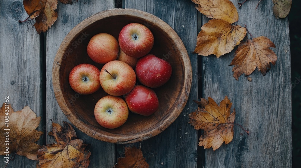 Fresh Apples in Bowl Surrounded by Autumn Leaves Fresh Apples in Bowl Surrounded by Autumn Leaves
