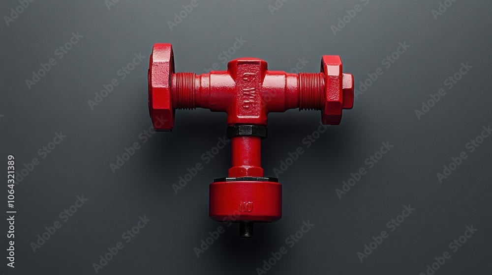 A single red valve handle on a solid gray background A single red valve handle on a solid gray background