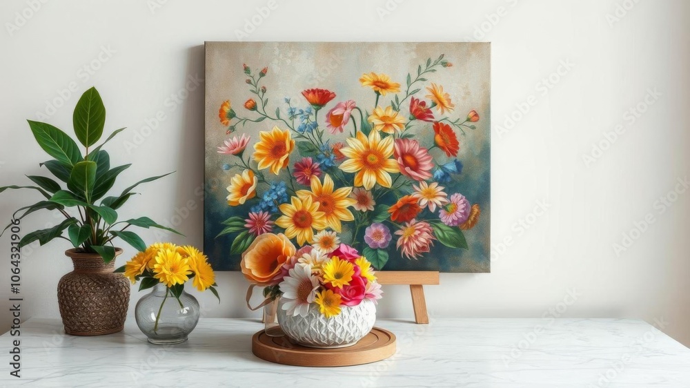 Still life oil painting on canvas featuring a beautiful bouquet of flowers displayed on a table, decoration, oil painting, decor Still life oil painting on canvas featuring a beautiful bouquet of flowers displayed on a table, decoration, oil painting, decor