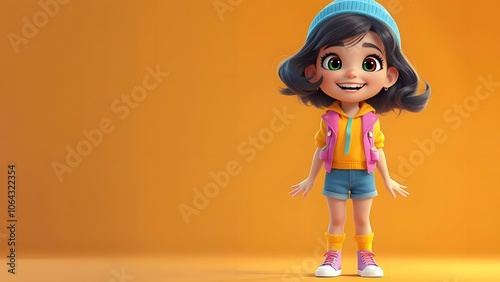 Joyful Cartoon Young Woman with Bright Smile Charming Cartoon Girl in Trendy Outfit Cute Cartoon Short Girl in Colorful Clothes Friendly Cartoon Female Character with Lively Expression Happy Cartoon W