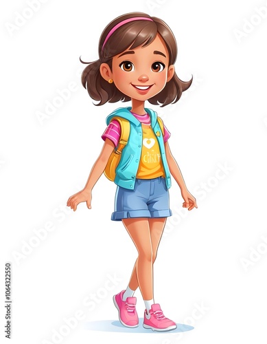 Joyful Cartoon Young Woman with Bright Smile Charming Cartoon Girl in Trendy Outfit Cute Cartoon Short Girl in Colorful Clothes Friendly Cartoon Female Character with Lively Expression Happy Cartoon W