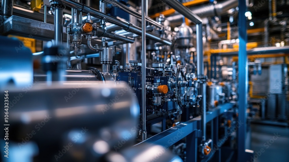 Industrial machinery with pipes and valves in a factory setting. Industrial machinery with pipes and valves in a factory setting.