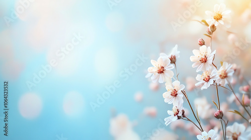 Delicate white flowers bloom against a soft blue background, creating a serene and tranquil atmosphere.