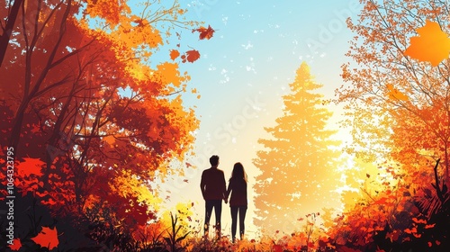 Couple Admiring Autumn Landscape with Colorful Foliage