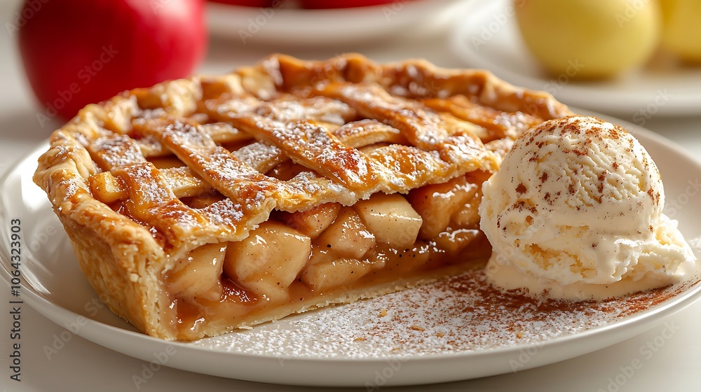 Delicious Apple Pie with Vanilla Ice Cream Scoop This dessert features a flaky crust and sweet apple filling Delicious Apple Pie with Vanilla Ice Cream Scoop This dessert features a flaky crust and sweet apple filling