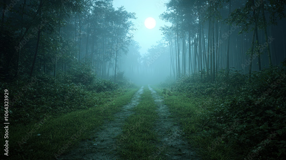 Fototapeta premium Mystical Forest Path Under Moonlight Foggy Night Landscape