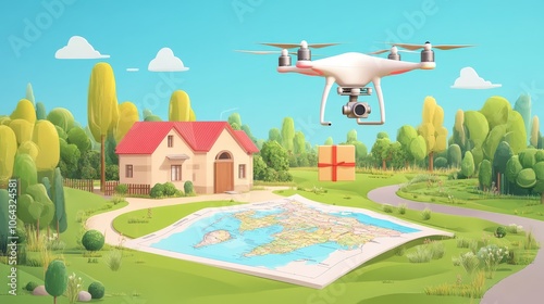 Cartoon Drone Over Scenic Landscape with Map