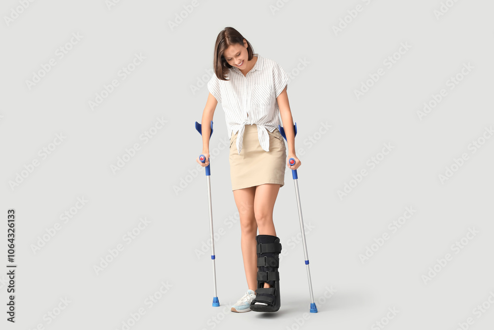 Young woman with broken leg and crutches on light background Young woman with broken leg and crutches on light background