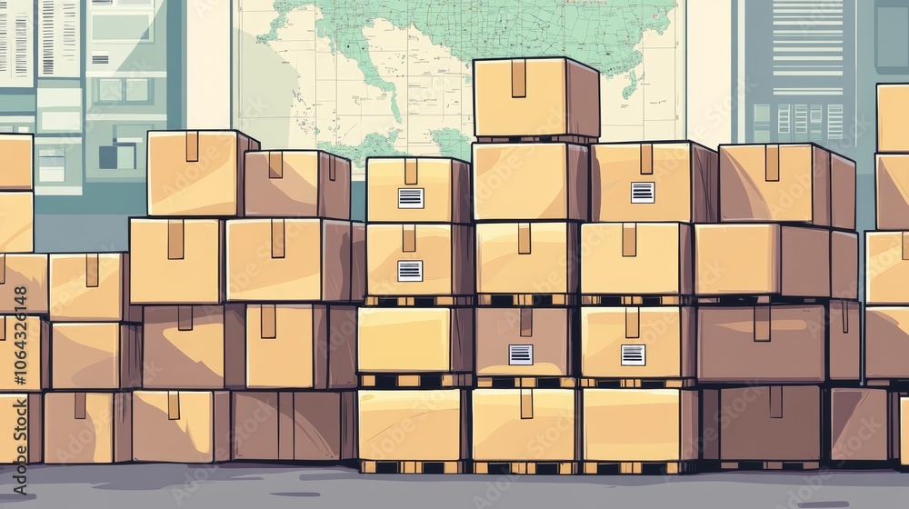 Cartoon Warehouse with Stacked Boxes and Map Background Cartoon Warehouse with Stacked Boxes and Map Background