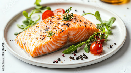 Fresh salmon fillet garnished with herbs and cherry tomatoes on a plate, ready to be served.