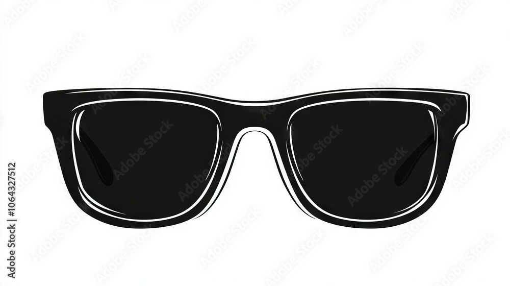 Sleek silhouette of black cartoon sunglasses against a pristine white background. Sleek silhouette of black cartoon sunglasses against a pristine white background.
