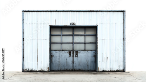 Industrial building front with large garage doors on a white isolated background.