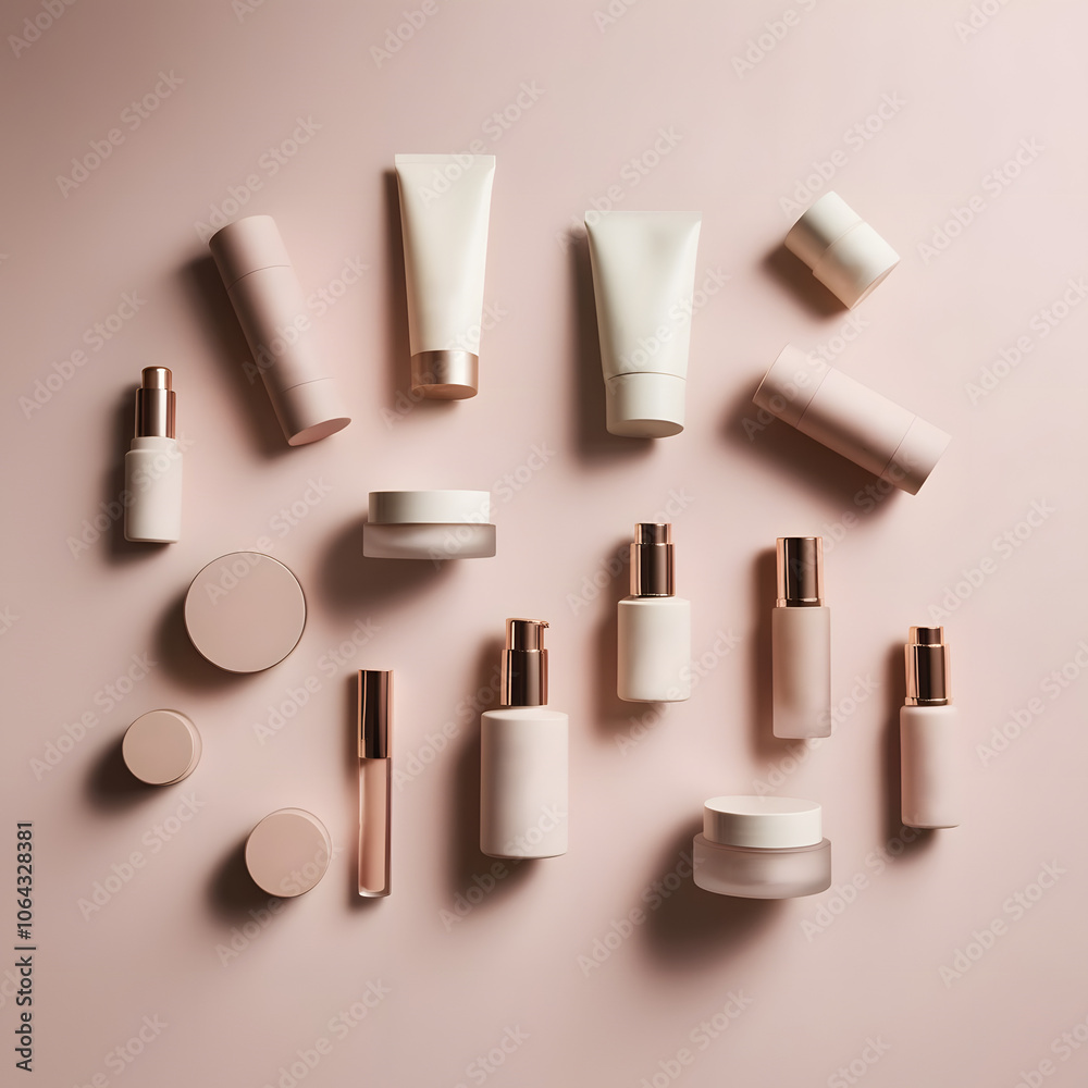 set of cosmetic products mock up designs on light pink color background set of cosmetic products mock up designs on light pink color background