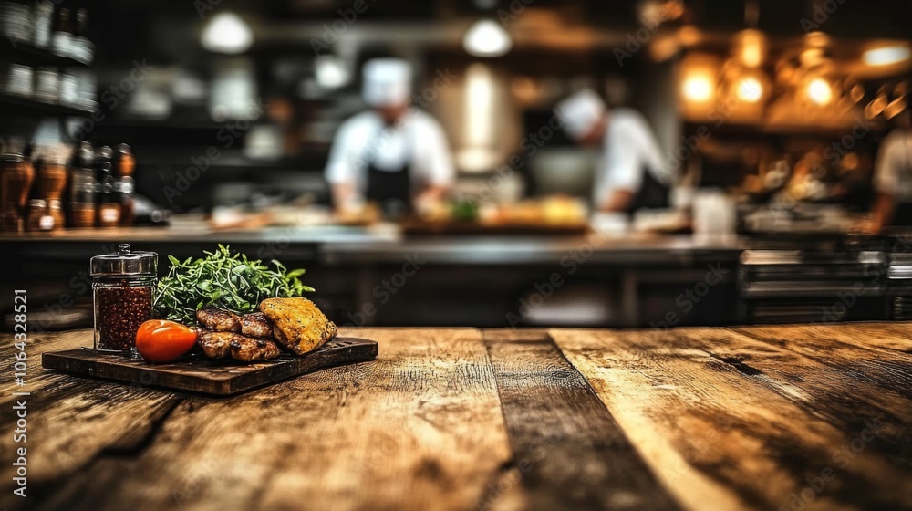 The dynamic atmosphere of a restaurant kitchen is captured with chefs at work. The dynamic atmosphere of a restaurant kitchen is captured with chefs at work.