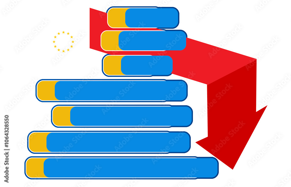 downwards red arrow and shape of the map of the European Union, EU Europe, blue yellow rounded stripes, lines, lanes as stripes, creative modern downwards red arrow and shape of the map of the European Union, EU Europe, blue yellow rounded stripes, lines, lanes as stripes, creative modern