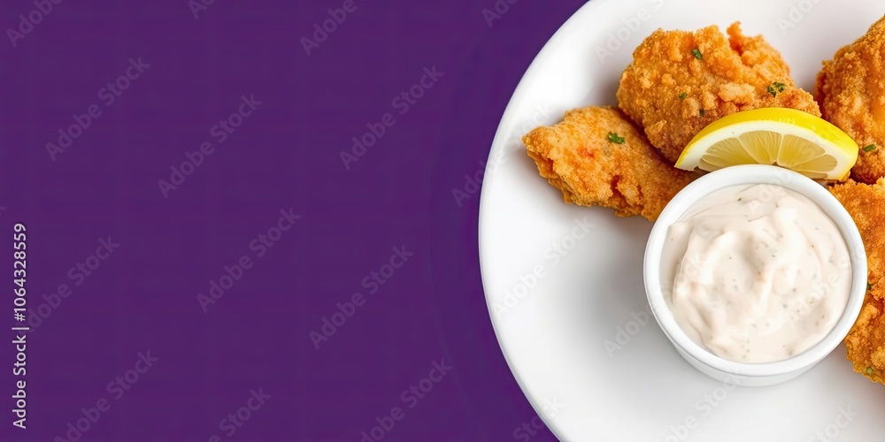 Crispy fried fish fillets served with tartar sauce and lemon wedge on a white plate, delicious, tartar sauce
