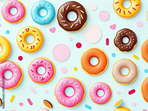 Colorful donut pattern with playful, whimsical shapes on light background, donut, background