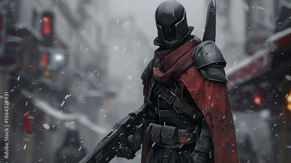 Futuristic Warrior in a Snowy Cityscape: A Dark and Grimy Fantasy Futuristic Warrior in a Snowy Cityscape: A Dark and Grimy Fantasy