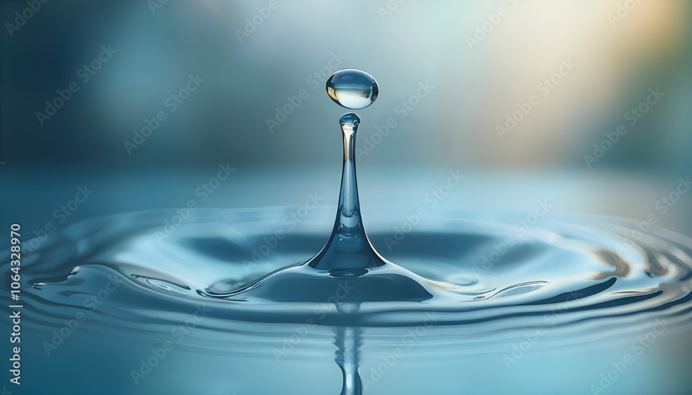 A 4K high-definition image of a single water drop captured as it falls through the air, with detailed reflections and ripples visible. The background should be a smooth, softly blurred wallpaper A 4K high-definition image of a single water drop captured as it falls through the air, with detailed reflections and ripples visible. The background should be a smooth, softly blurred wallpaper