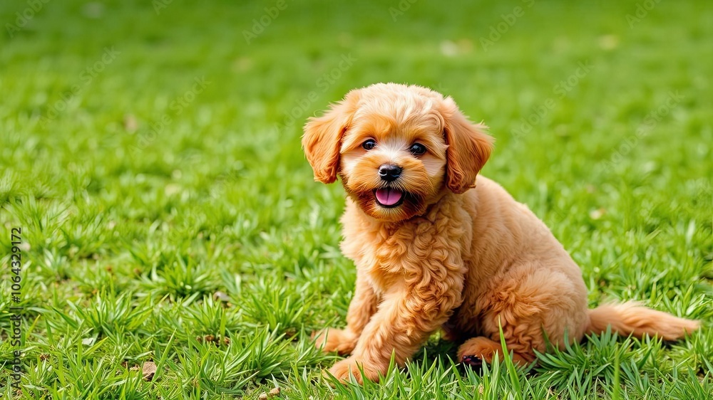 Red Toy Poodle Puppy Sitting on Green Grass Fluffy, cute dog Looks at the Camera Domestic pets, red, green Red Toy Poodle Puppy Sitting on Green Grass Fluffy, cute dog Looks at the Camera Domestic pets, red, green