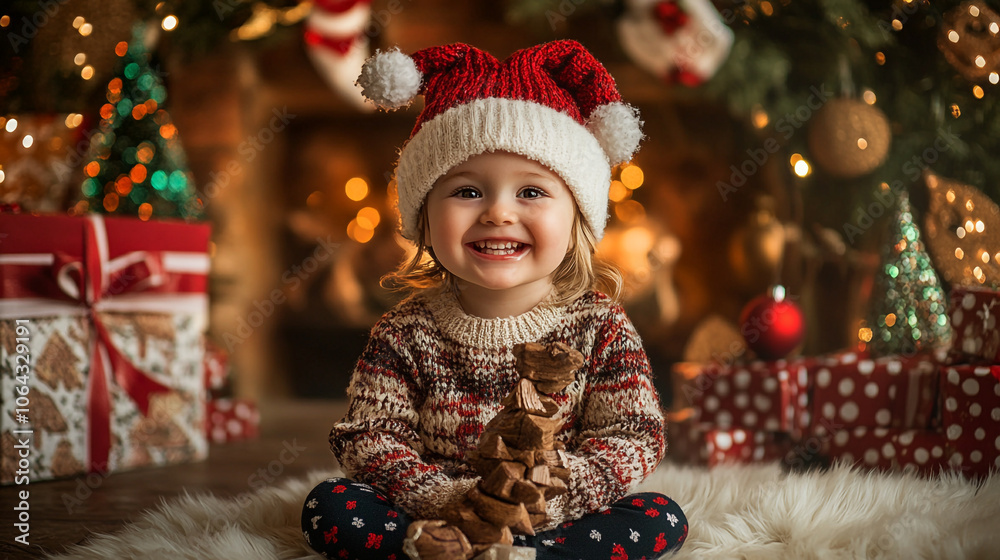 Cheerful child wearing a festive hat sits in front of a decorated Christmas tree with gifts around Cheerful child wearing a festive hat sits in front of a decorated Christmas tree with gifts around