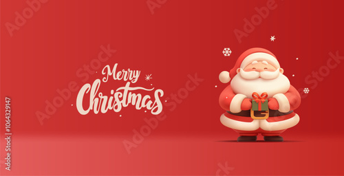 Cute Santa character with a gift on a red background and calligraphic greeting. 3D. For Christmas advertising concepts, greetings. The best gift. Vector illustration.
