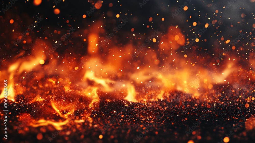 Close-up of fiery flames and glowing embers on black background for hot, intense, or hazard themes. Close-up of fiery flames and glowing embers on black background for hot, intense, or hazard themes.
