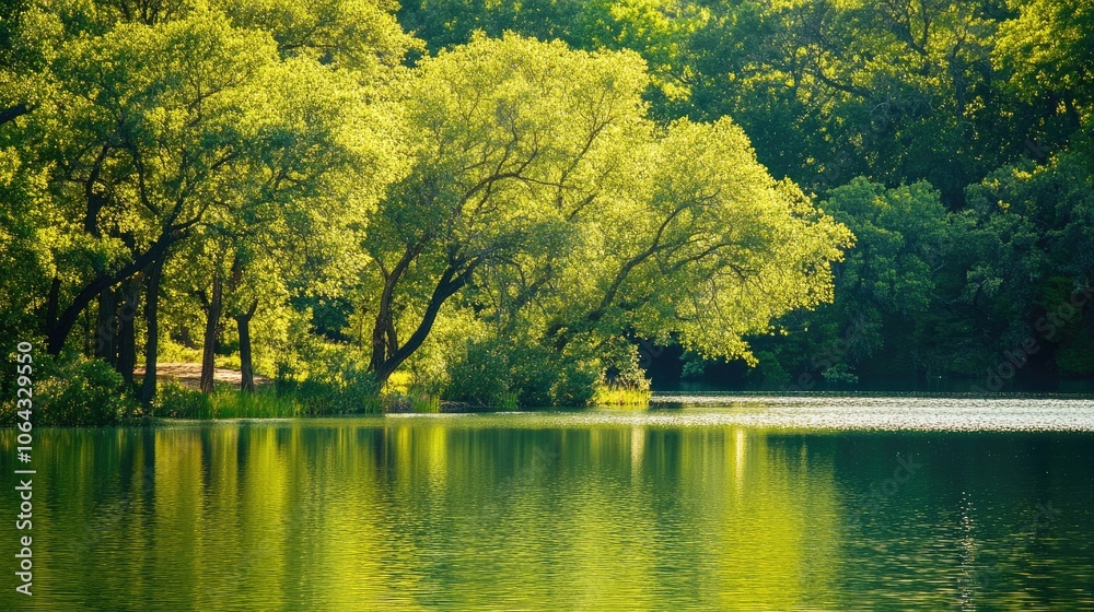Sunlit Serenity: Lakeside Tranquility Amongst Trees in Daylight Sunlit Serenity: Lakeside Tranquility Amongst Trees in Daylight