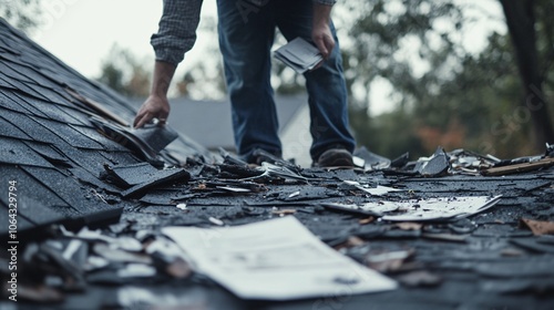 Insurance adjuster inspecting storm-damaged roof, assessing structural damage and taking notes outdoors.