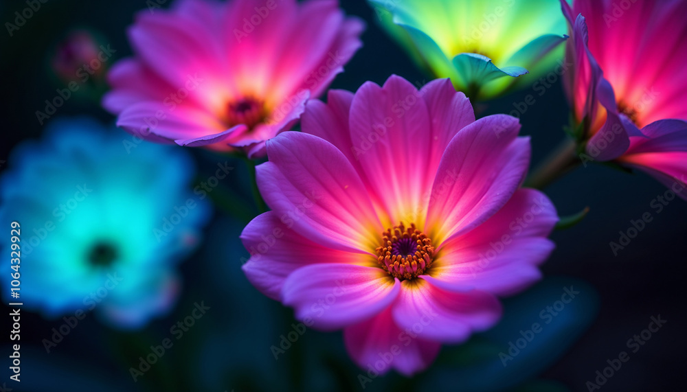 Fototapeta premium A Magical Garden Scene with Vibrant Petals Against Black Background