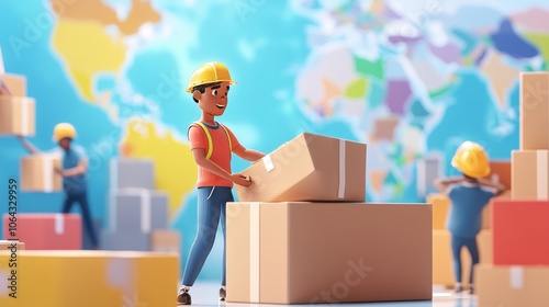 Whimsical Minimalist Illustration of Warehouse Workers