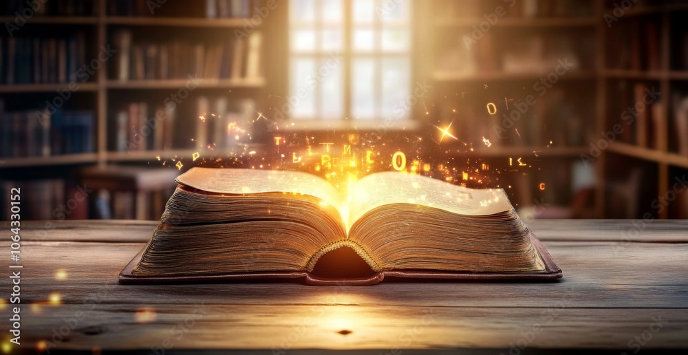 A blurred library backdrop enhances the enchanting atmosphere of the scene.