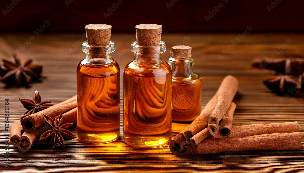 Warm tree background with cinnamon oil bottle