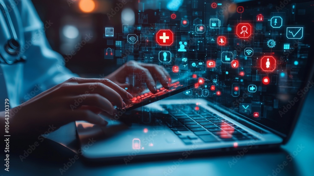 Hands Typing on Laptop with Digital Icons Displayed Hands Typing on Laptop with Digital Icons Displayed