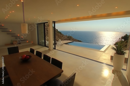 Wall Mural Modern Minimalist Dining Room with Ocean View, Infinity Pool, and Sleek Design