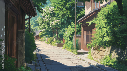 Quaint stone pathway lined with lush greenery and traditional houses under bright sunlight.