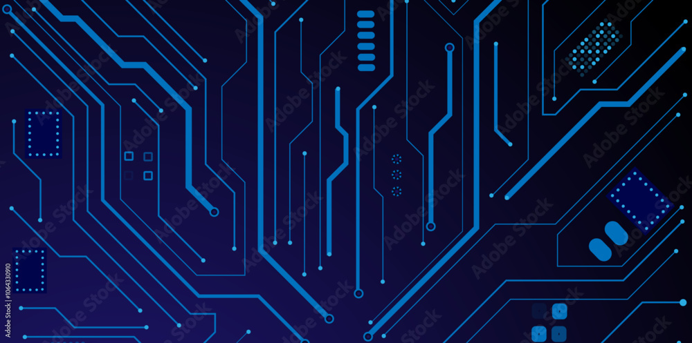 Glowing light blue neon AI chip with thin circuit contact lines. Technology lines circuit and dots on blue background, circuit board network connection. Glowing light blue neon AI chip with thin circuit contact lines. Technology lines circuit and dots on blue background, circuit board network connection.