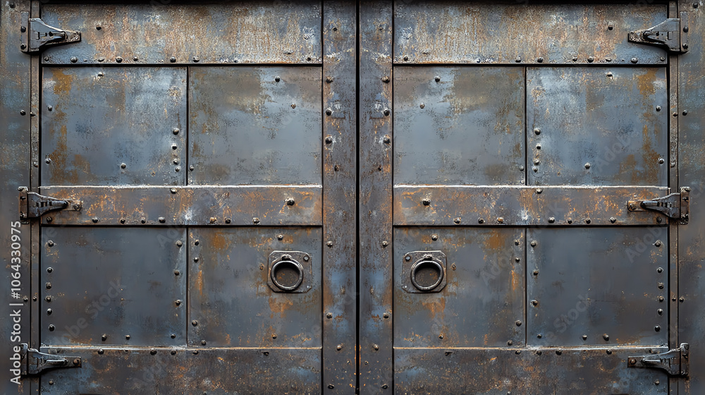 Rusty metal double doors with bolts and circular handles against a textured surface. Rusty metal double doors with bolts and circular handles against a textured surface.